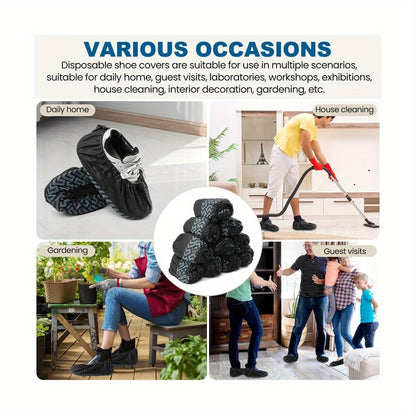 Disposable Shoe Covers, 100 Pack, Non- Woven Fabric, Fits Men' s Size 8. 5 and Women' s 10, Double- Elastic Band