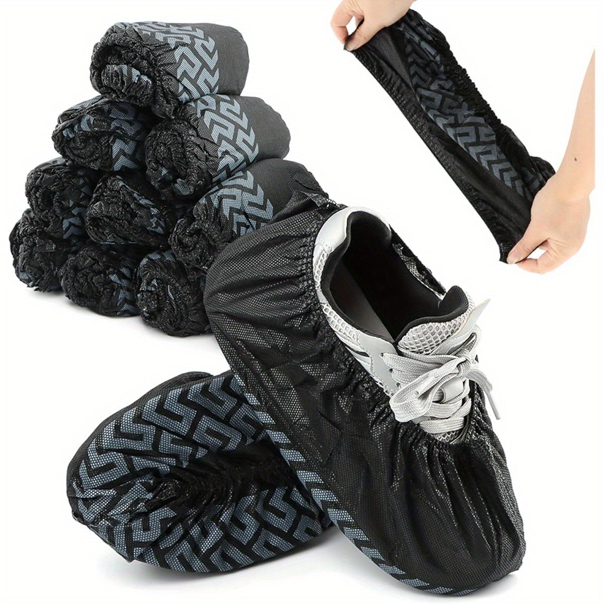 Disposable Shoe Covers, 100 Pack, Non- Woven Fabric, Fits Men' s Size 8. 5 and Women' s 10, Double- Elastic Band