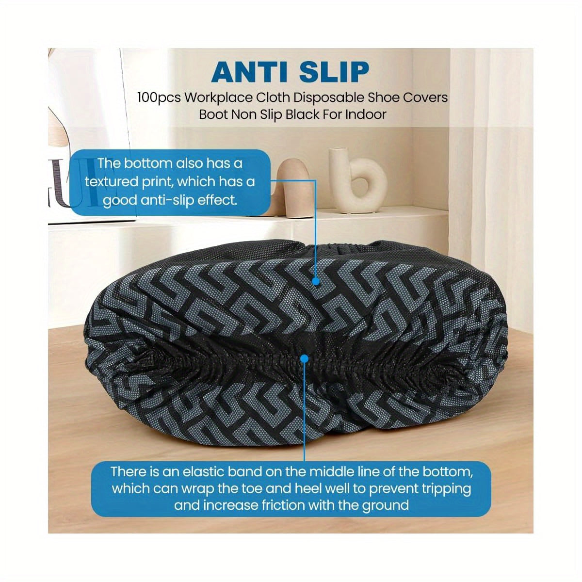 Disposable Shoe Covers, 100 Pack, Non- Woven Fabric, Fits Men' s Size 8. 5 and Women' s 10, Double- Elastic Band