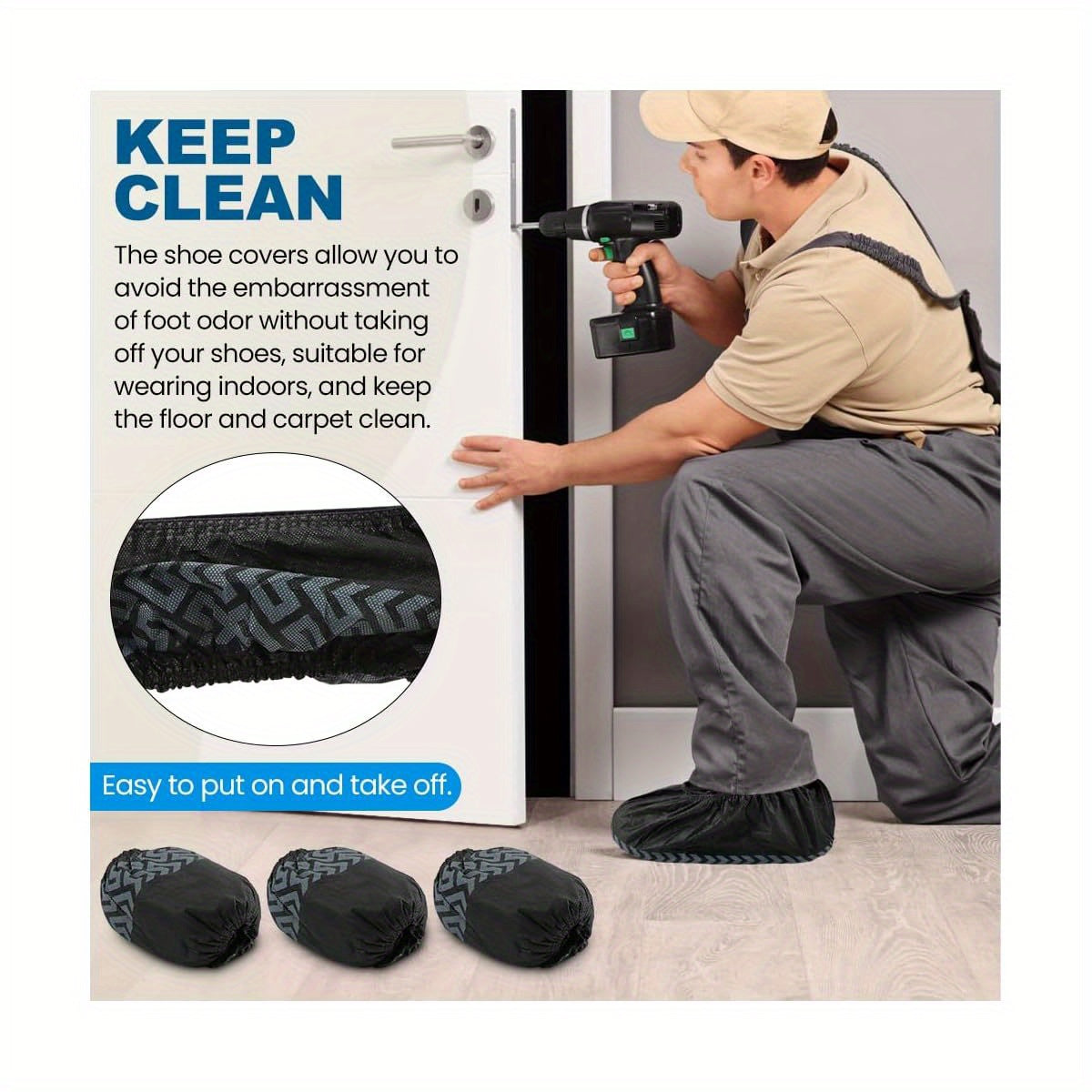 Disposable Shoe Covers, 100 Pack, Non- Woven Fabric, Fits Men' s Size 8. 5 and Women' s 10, Double- Elastic Band