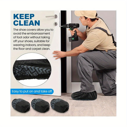 Disposable Shoe Covers, 100 Pack, Non- Woven Fabric, Fits Men' s Size 8. 5 and Women' s 10, Double- Elastic Band